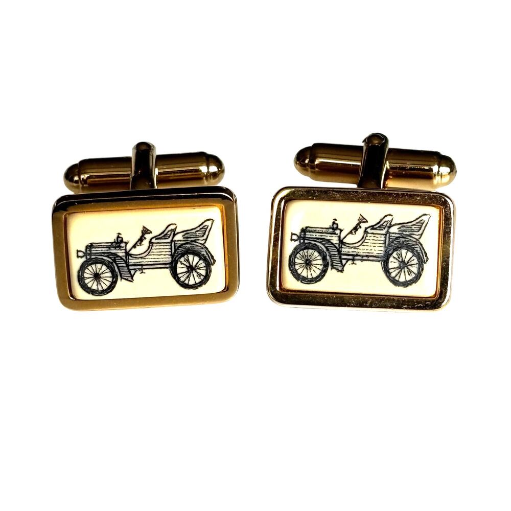 Vintage mid century cufflinks gold & carved look model T cars classic 1960s